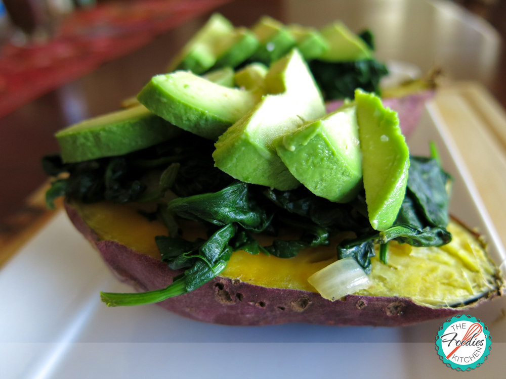 Sweet Potato with Fresh Spinach and Avocado Basil Sauce