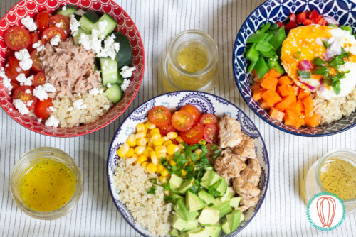 Three Bowls with Brown Rice, Quinoa and Vegetables